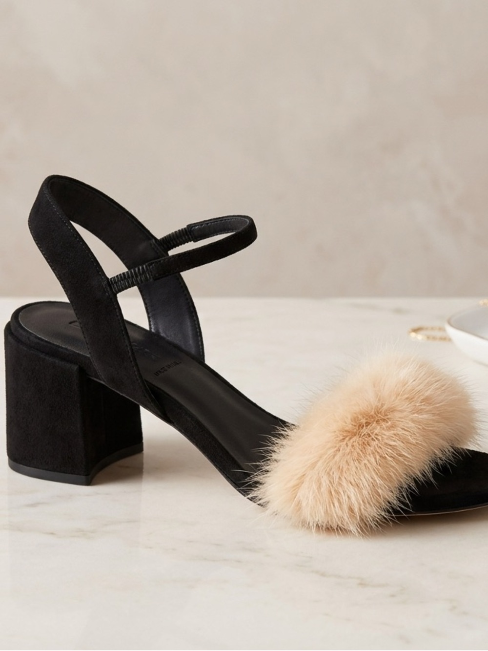 Zara Black Suede Block Heel Sandal with Beige Fur Strap